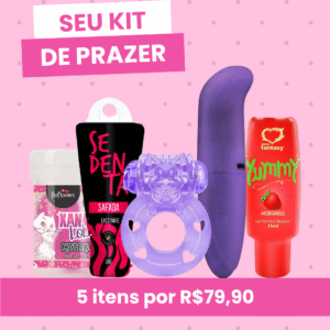 Kit Sexshop: Vibrador ponto G + Gel para oral Yummy + Anel Peniano + Excitante Bolinha + Excitante com picancia